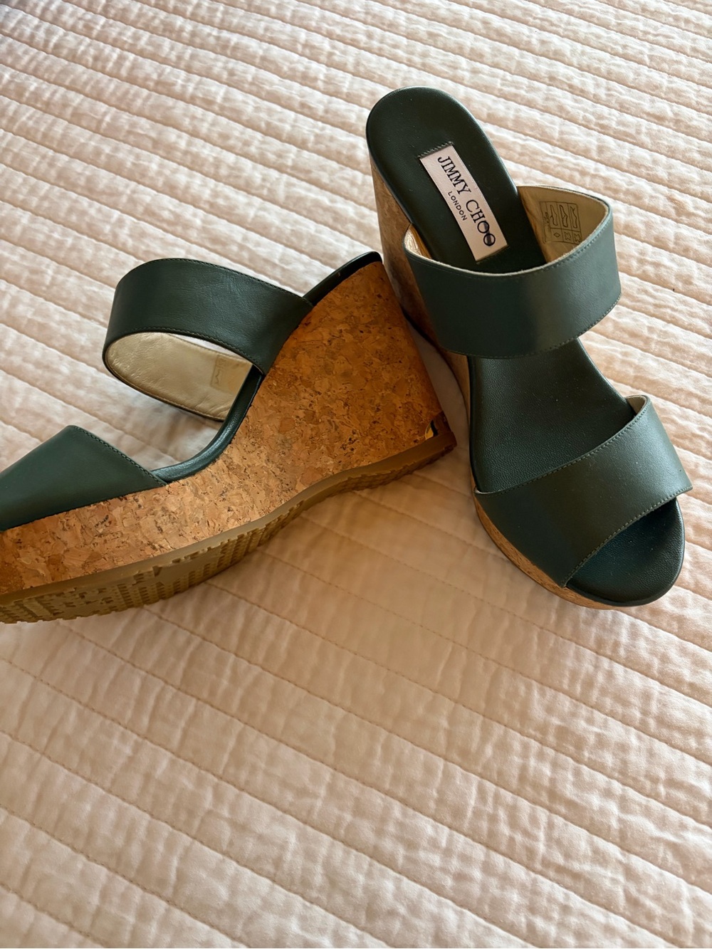 Jimmy Choo Dark Green Leather Cork Wedge Sandals